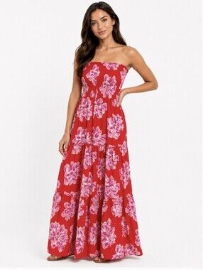 Abel The Label Anthropologie Smocked Maxi Dress Red Pink Floral Size Small